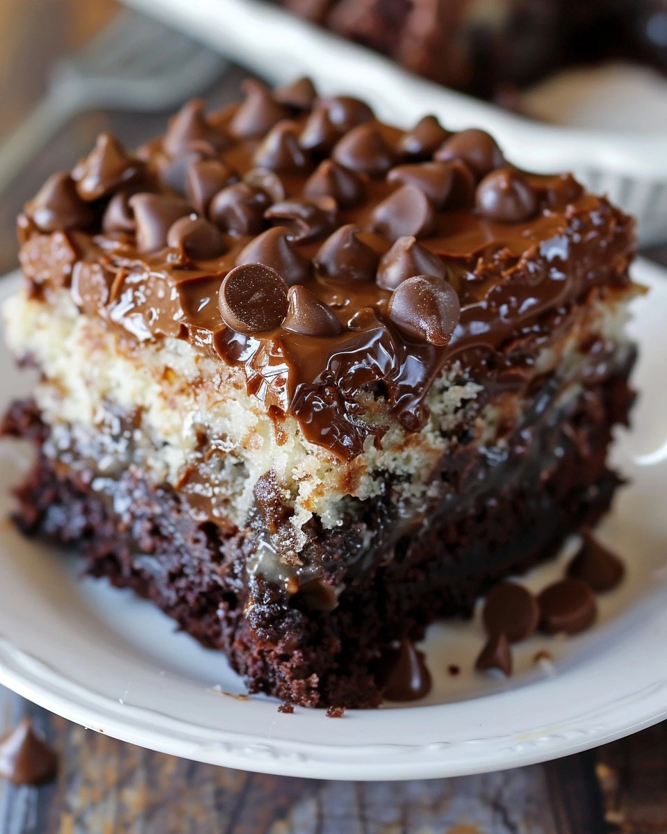 German Chocolate Poke Cake, chocolate cake, coconut-pecan frosting, moist cake, easy dessert recipe, indulgent dessert, poke cake recipe, chocolate lover's dessert, coconut dessert, rich chocolate cake