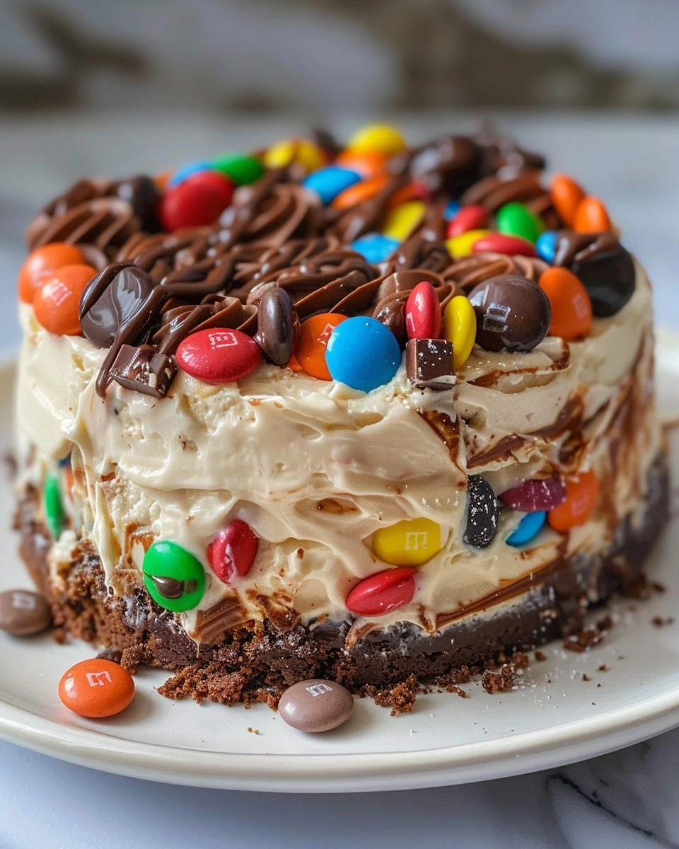 No-Bake M&M Snickers Cheesecake