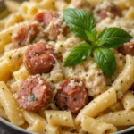 A plate of creamy Garlic Sausage Alfredo Rigatoni topped with fresh parsley, served in a white bowl, showcasing rich and comforting pasta."