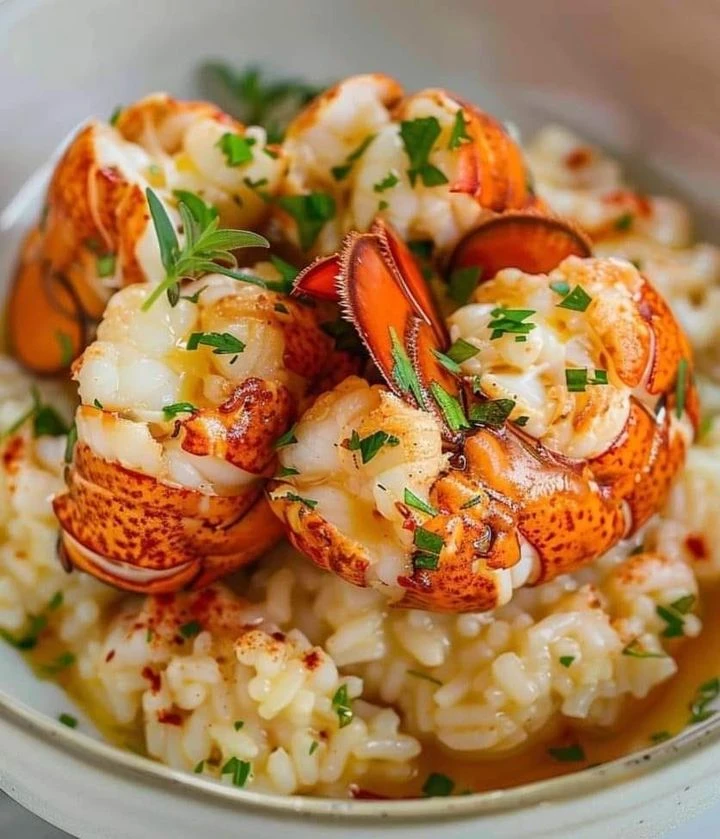 Butter poached lobster tails, lobster risotto recipe, seafood dinner, special occasion recipes, creamy risotto, gourmet lobster dish, butter poached seafood, elegant dinner ideas, fine dining at home, lobster and risotto pairing