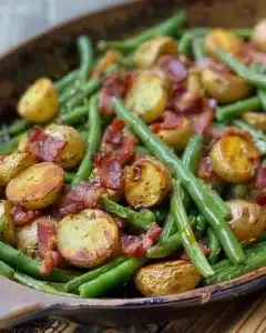 Country Ranch Green Beans ‘n Potatoes with Bacon 5 Country Ranch Green Beans ‘n Potatoes with Bacon Introduction Country Ranch Green Beans ‘n Potatoes with Bacon is a delicious and hearty side dish that combines fresh green beans, tender baby potatoes, and crispy bacon, all flavored with ranch seasoning. This recipe is perfect for family dinners and gatherings. It’s simple to make and packed with flavors everyone will love. Why Make This Recipe Making Country Ranch Green Beans ‘n Potatoes with Bacon is a fantastic choice for several reasons. First, it uses fresh and wholesome ingredients that are easy to find. Second, the combination of flavors from the bacon and ranch seasoning makes this dish incredibly tasty. Lastly, it’s a great way to include vegetables in your meal while still enjoying a comforting and satisfying side. How to Make Country Ranch Green Beans ‘n Potatoes with Bacon Ingredients: 1 pound green beans, trimmed and cut into bite-sized pieces 1 pound baby potatoes, halved or quartered 6 strips bacon, diced 1 packet ranch seasoning mix (1 ounce) 1/2 cup chicken broth 2 tablespoons olive oil 1/2 teaspoon garlic powder 1/2 teaspoon onion powder Salt and pepper, to taste Directions: In a large skillet or Dutch oven, cook the diced bacon over medium heat until crispy. Remove bacon with a slotted spoon and set aside, leaving the bacon fat in the pan. Add olive oil to the bacon fat in the same pan. Add the potatoes and cook for about 5-7 minutes, until they start to brown. Add the green beans to the pan with the potatoes and cook for another 3-4 minutes, stirring occasionally. Sprinkle the ranch seasoning mix, garlic powder, and onion powder over the vegetables and stir to coat evenly. Pour in the chicken broth, bring to a simmer, cover, and cook for 15-20 minutes, until the potatoes are tender and the green beans are cooked. Stir in the cooked bacon and season with salt and pepper to taste. Serve warm as a delicious side dish. How to Serve Country Ranch Green Beans ‘n Potatoes with Bacon This dish is best served warm. It pairs well with many main courses, such as roasted chicken, grilled meats, or barbecue dishes. You can place it in a serving bowl and sprinkle some extra bacon bits on top for a nice presentation. How to Store Country Ranch Green Beans ‘n Potatoes with Bacon To store leftovers, let them cool completely and then place them in an airtight container. You can keep them in the refrigerator for up to 3 days. To reheat, simply microwave them until warmed through, or heat them in a skillet over medium heat. Tips to Make Country Ranch Green Beans ‘n Potatoes with Bacon For an extra flavor boost, add a pinch of crushed red pepper flakes to the dish. If you like a crispier texture, finish the dish under the broiler for a few minutes before serving. Feel free to adjust the seasoning according to your taste. Variation You can easily make this dish vegetarian by skipping the bacon and using vegetable broth instead of chicken broth. You may also add other vegetables like bell peppers or carrots for more color and nutrition. FAQs 1. Can I use frozen green beans for this recipe? Yes, you can use frozen green beans. Just be sure to thaw them before cooking. 2. How long does it take to prepare this dish? The total time to prepare and cook this dish is about 35-40 minutes. 3. Is this dish gluten-free? Yes, this recipe is gluten-free, as long as you use a gluten-free ranch seasoning mix.