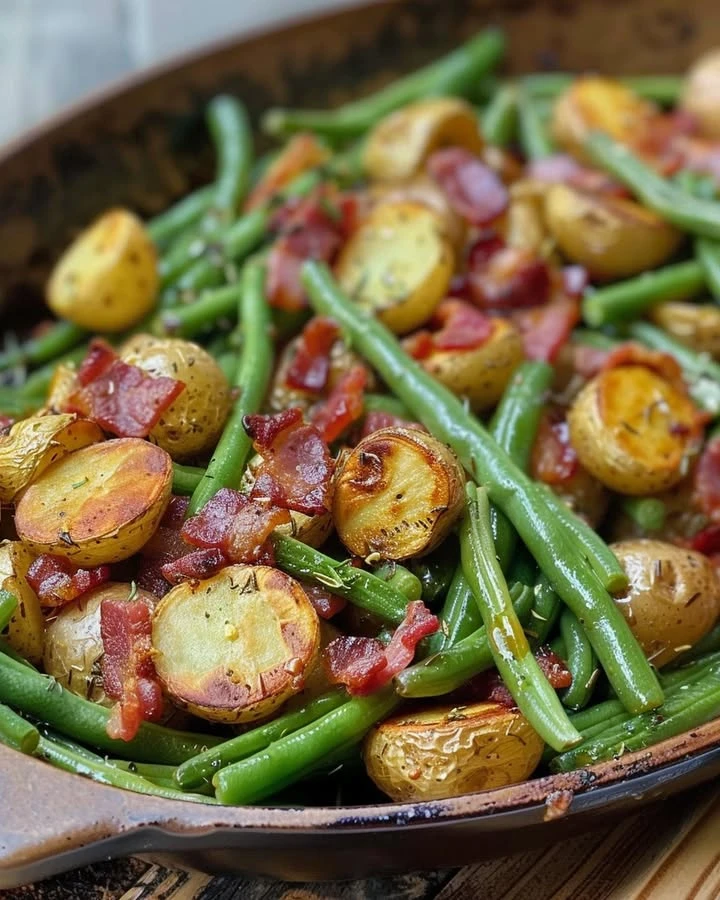 Country Ranch Green Beans ‘n Potatoes with Bacon Introduction Country Ranch Green Beans ‘n Potatoes with Bacon is a delicious and hearty side dish that combines fresh green beans, tender baby potatoes, and crispy bacon, all flavored with ranch seasoning. This recipe is perfect for family dinners and gatherings. It’s simple to make and packed with flavors everyone will love. Why Make This Recipe Making Country Ranch Green Beans ‘n Potatoes with Bacon is a fantastic choice for several reasons. First, it uses fresh and wholesome ingredients that are easy to find. Second, the combination of flavors from the bacon and ranch seasoning makes this dish incredibly tasty. Lastly, it’s a great way to include vegetables in your meal while still enjoying a comforting and satisfying side. How to Make Country Ranch Green Beans ‘n Potatoes with Bacon Ingredients: 1 pound green beans, trimmed and cut into bite-sized pieces 1 pound baby potatoes, halved or quartered 6 strips bacon, diced 1 packet ranch seasoning mix (1 ounce) 1/2 cup chicken broth 2 tablespoons olive oil 1/2 teaspoon garlic powder 1/2 teaspoon onion powder Salt and pepper, to taste Directions: In a large skillet or Dutch oven, cook the diced bacon over medium heat until crispy. Remove bacon with a slotted spoon and set aside, leaving the bacon fat in the pan. Add olive oil to the bacon fat in the same pan. Add the potatoes and cook for about 5-7 minutes, until they start to brown. Add the green beans to the pan with the potatoes and cook for another 3-4 minutes, stirring occasionally. Sprinkle the ranch seasoning mix, garlic powder, and onion powder over the vegetables and stir to coat evenly. Pour in the chicken broth, bring to a simmer, cover, and cook for 15-20 minutes, until the potatoes are tender and the green beans are cooked. Stir in the cooked bacon and season with salt and pepper to taste. Serve warm as a delicious side dish. How to Serve Country Ranch Green Beans ‘n Potatoes with Bacon This dish is best served warm. It pairs well with many main courses, such as roasted chicken, grilled meats, or barbecue dishes. You can place it in a serving bowl and sprinkle some extra bacon bits on top for a nice presentation. How to Store Country Ranch Green Beans ‘n Potatoes with Bacon To store leftovers, let them cool completely and then place them in an airtight container. You can keep them in the refrigerator for up to 3 days. To reheat, simply microwave them until warmed through, or heat them in a skillet over medium heat. Tips to Make Country Ranch Green Beans ‘n Potatoes with Bacon For an extra flavor boost, add a pinch of crushed red pepper flakes to the dish. If you like a crispier texture, finish the dish under the broiler for a few minutes before serving. Feel free to adjust the seasoning according to your taste. Variation You can easily make this dish vegetarian by skipping the bacon and using vegetable broth instead of chicken broth. You may also add other vegetables like bell peppers or carrots for more color and nutrition. FAQs 1. Can I use frozen green beans for this recipe? Yes, you can use frozen green beans. Just be sure to thaw them before cooking. 2. How long does it take to prepare this dish? The total time to prepare and cook this dish is about 35-40 minutes. 3. Is this dish gluten-free? Yes, this recipe is gluten-free, as long as you use a gluten-free ranch seasoning mix.