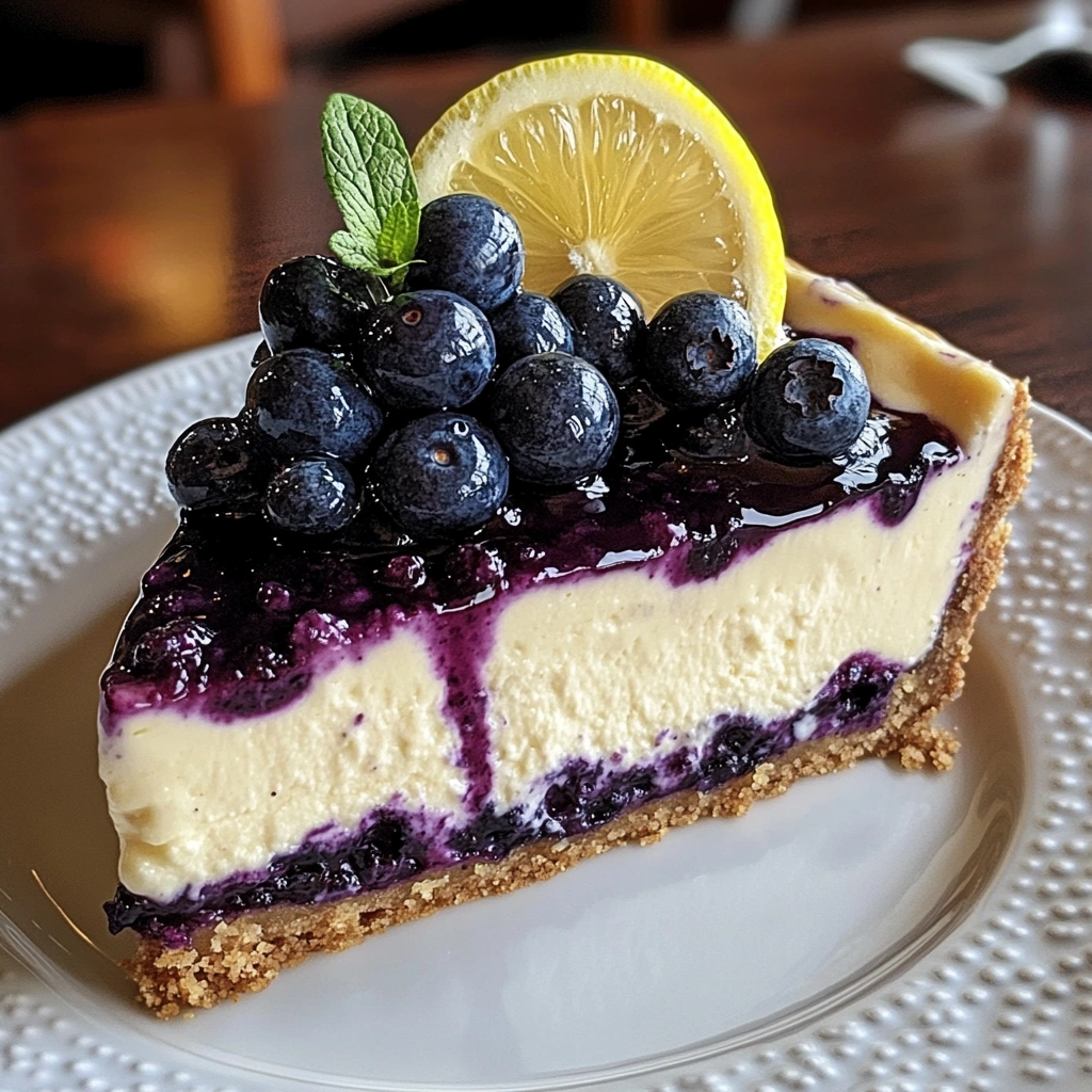 Lemon Blueberry Cheesecake https://scontent.flyn1-1.fna.fbcdn.net/v/t39.30808-6/433938520_725452526424554_5194707104814259241_n.jpg?_nc_cat=100&ccb=1-7&_nc_sid=127cfc&_nc_ohc=Bvc9pWHm7YYQ7kNvgGvMmOg&_nc_zt=23&_nc_ht=scontent.flyn1-1.fna&_nc_gid=AOKAOJJUk871jTirg4n6wfN&oh=00_AYBtSWHf02Am1uIS2rkyyM2XJgKdo38bNUxtTwAzdtpCrA&oe=67935545 Describe a presented , served on an white ceramic or crystal [plate, bowl, etc.], highlighting its [key visual feature, e.g., vibrant colors, rustic charm, elegance]. The [main ingredient] is [primary texture or cooking result, e.g., golden-brown, tender, perfectly roasted], complemented by [sauce or seasoning], creating a [taste quality, e.g., rich, tangy, savory] flavor profile. Accompanying the dish are [side items or accompaniments], adding [specific qualities, e.g., freshness, heartiness, balance] to the meal. The setting is [description of ambiance, e.g., cozy, elegant, inviting], with [decorative or atmospheric detail, e.g., warm lighting, minimalistic tableware], making this dish the perfect centerpiece for a memorable [meal type, e.g., dinner, lunch] experience.rewrite for hna title adial recipe