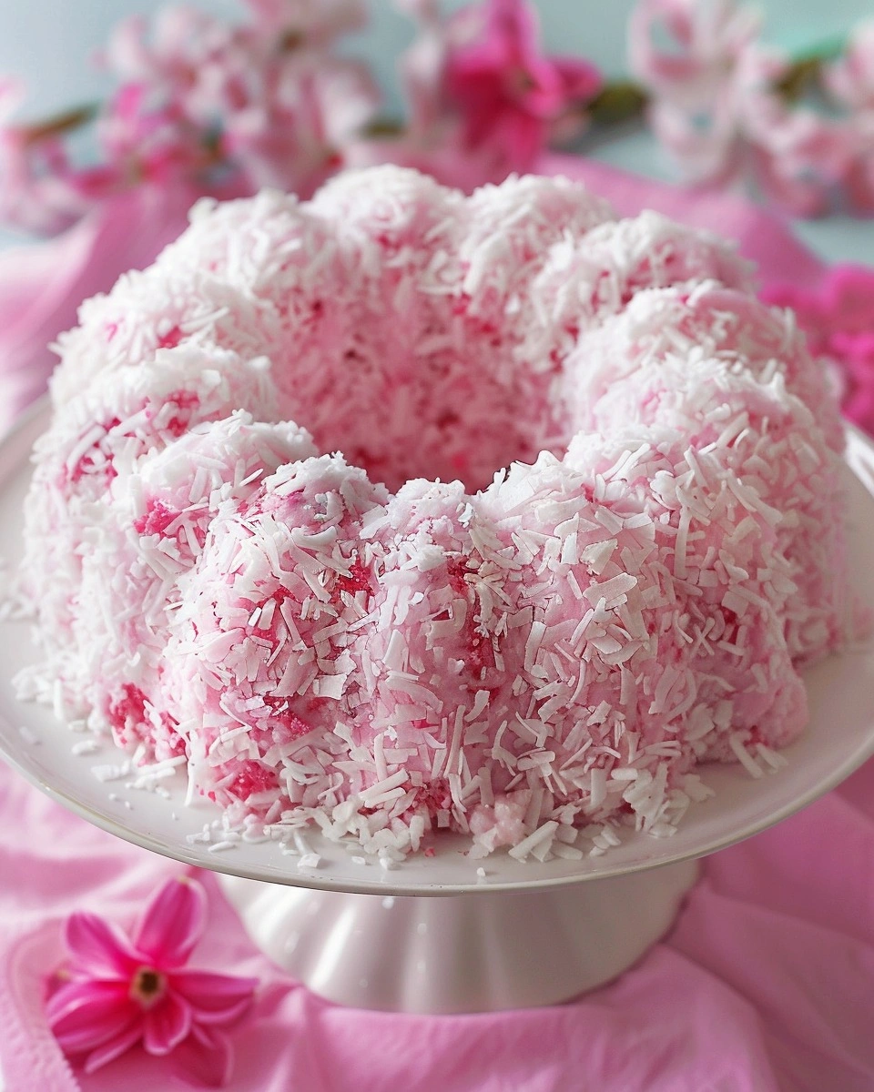 Raspberry Swirl Coconut Snowball Cake Recipe