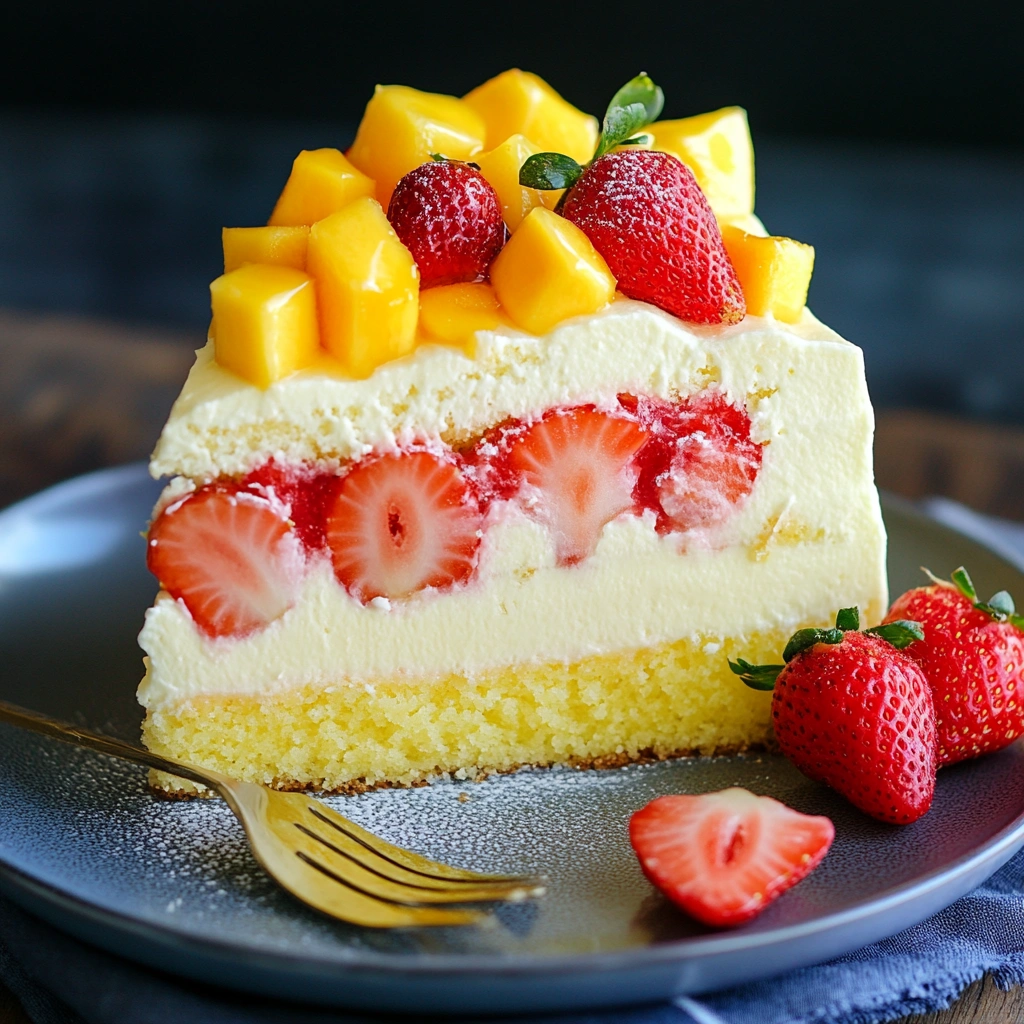 Enjoy a refreshing Strawberry Mango Split Cake! This fruity, creamy dessert features a graham cracker crust, luscious cream cheese filling, and fresh mangoes and strawberries.