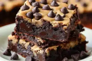 A stack of rich, fudgy brownies topped with soft chocolate chip cookie dough and extra chocolate chips.