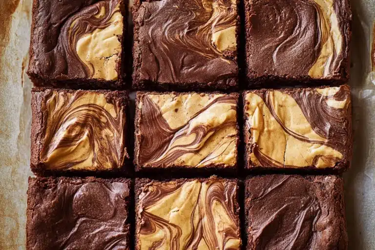 Delicious fudgy brownies with a beautiful peanut butter swirl, freshly baked and cut into squares.