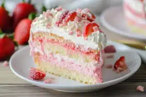 Strawberry Crunch Cheesecake 4 A delicious slice of strawberry crunch cheesecake with layers of creamy filling, topped with whipped cream and fresh strawberries.