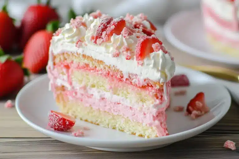 A delicious slice of strawberry crunch cheesecake with layers of creamy filling, topped with whipped cream and fresh strawberries.