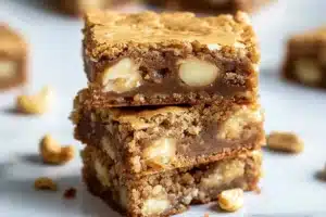 A stack of chewy white chocolate blondies filled with chunks of creamy white chocolate and nuts, sitting on a white surface.