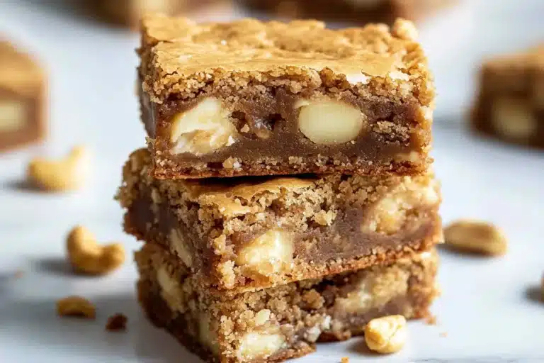 A stack of chewy white chocolate blondies filled with chunks of creamy white chocolate and nuts, sitting on a white surface.