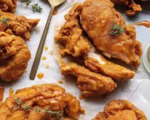 Plate of crispy Honey Feta Chicken drizzled with hot honey, garnished with fresh herbs.