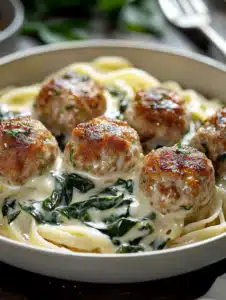 Baked Chicken Ricotta Meatballs and Spinach Alfredo