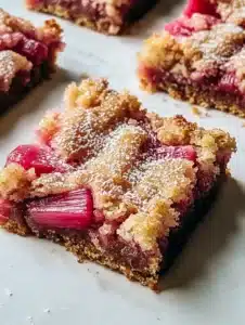 Delicious homemade 3-ingredient rhubarb squares on a rustic table