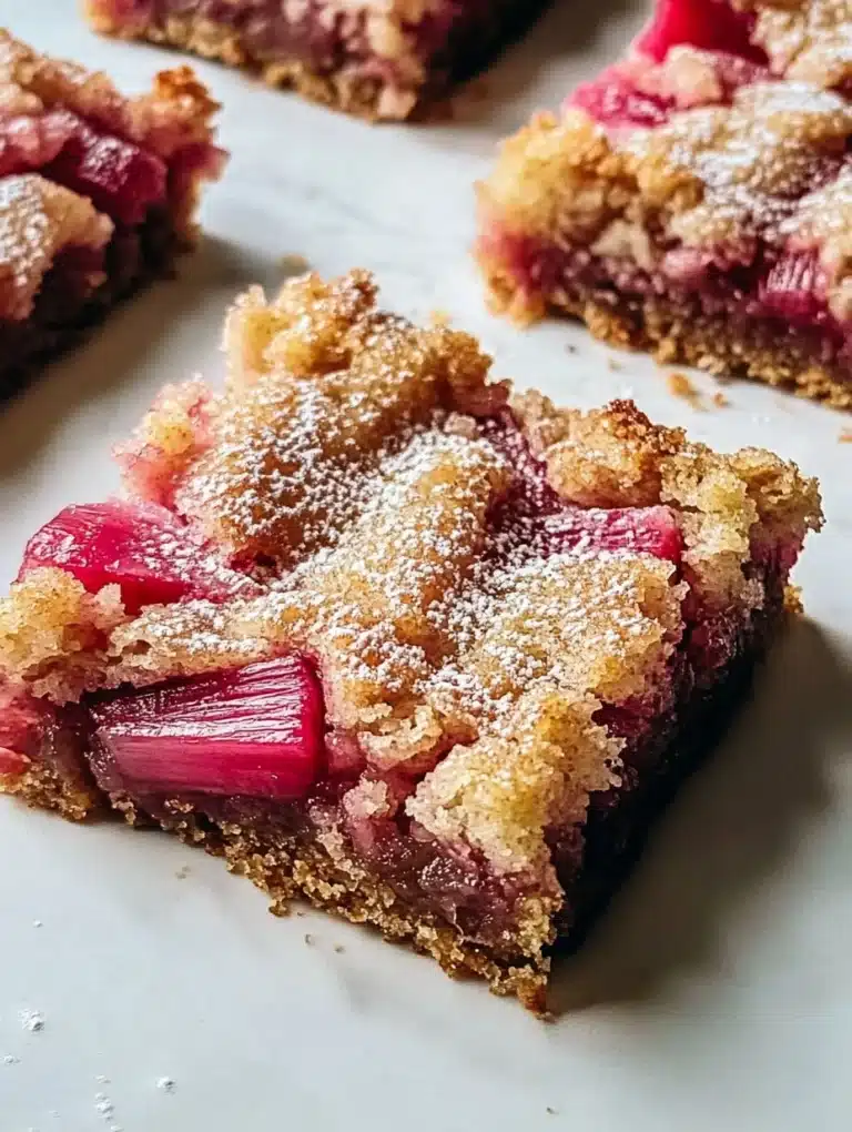 Delicious homemade 3-ingredient rhubarb squares on a rustic table