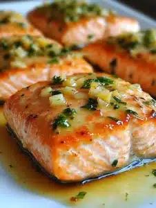 Air Fryer Garlic Butter Salmon 8 Delicious air fryer garlic butter salmon garnished with herbs on a plate