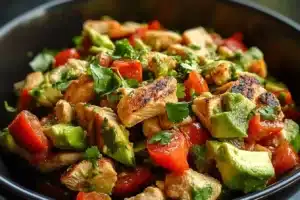 Bowl of fresh Avocado Chicken Salad with vibrant ingredients