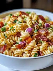 Bacon Ranch Pasta Salad 6 Bacon Ranch Pasta Salad in a bowl with fresh ingredients