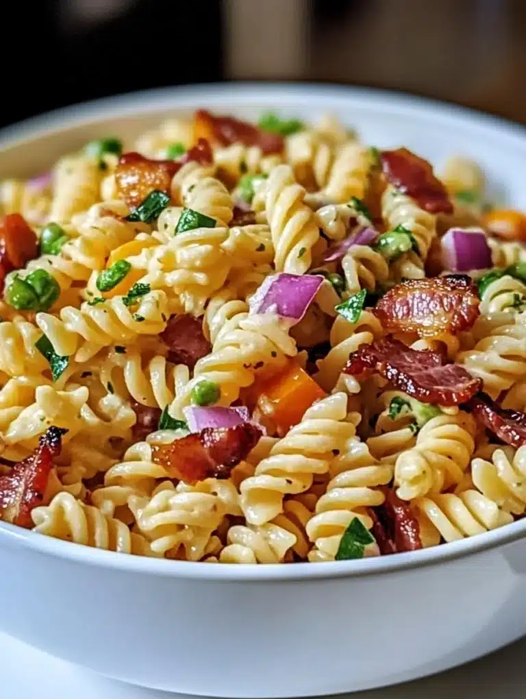 Bacon Ranch Pasta Salad in a bowl with fresh ingredients