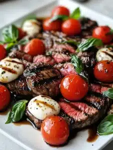 Balsamic Caprese Grilled Flank Steak with fresh basil and mozzarella