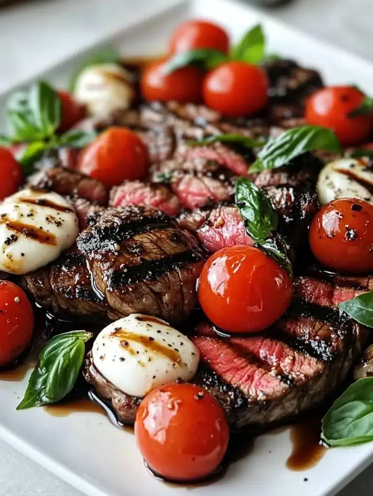 Balsamic Caprese Grilled Flank Steak with fresh basil and mozzarella