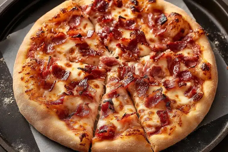 Delicious barbecue bacon pizza topped with cheese and crispy bacon