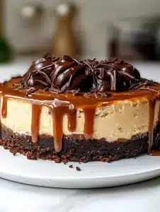 Caramel Brownie Cheesecake 3 Decadent caramel brownie cheesecake topped with caramel sauce and chocolate drizzle.