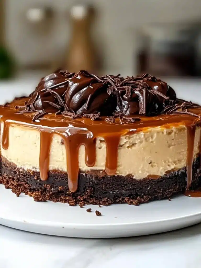 Decadent caramel brownie cheesecake topped with caramel sauce and chocolate drizzle.