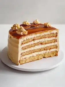 Delicious Caramel Cream Layer Cake with creamy frosting and caramel drizzle