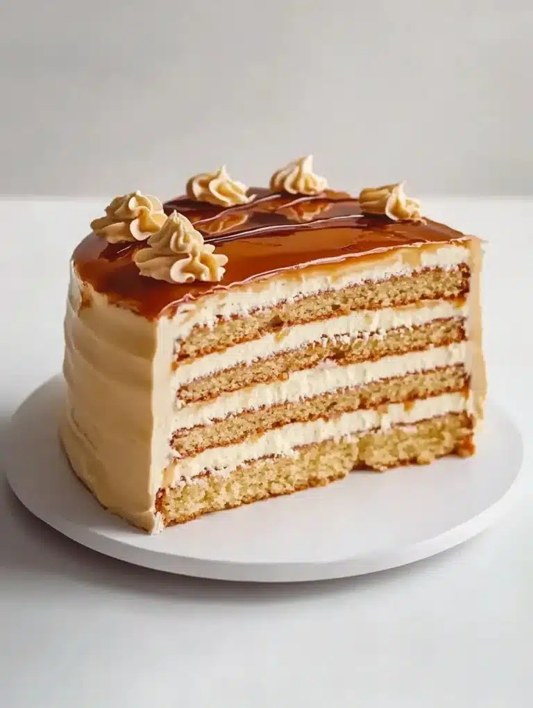 Delicious Caramel Cream Layer Cake with creamy frosting and caramel drizzle