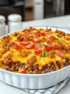Delicious cheeseburger crispy crown casserole served in a dish