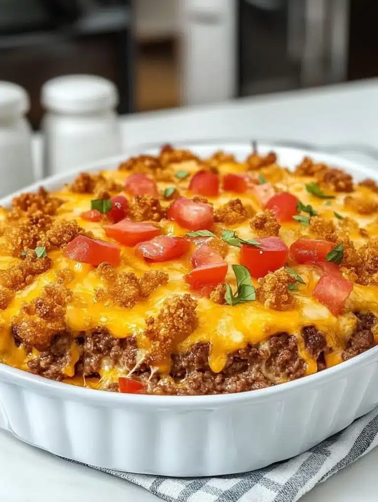 Delicious cheeseburger crispy crown casserole served in a dish