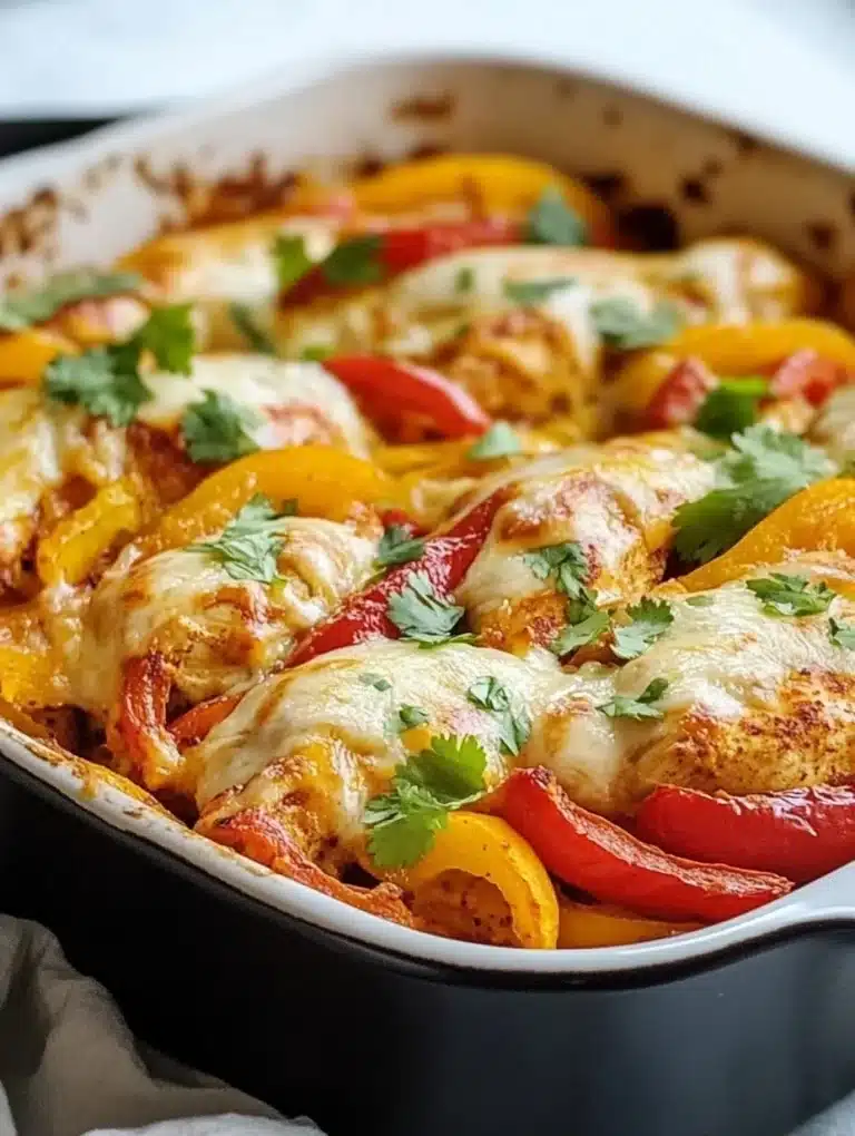 Cheesy baked fajita chicken with vibrant peppers and melted cheese