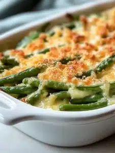 Cheesy Garlic Green Beans dish garnished with cheese and herbs.