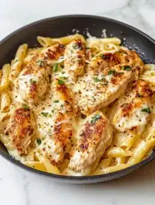 Cheesy garlic parmesan chicken pasta skillet served in a pan
