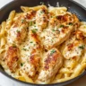 Cheesy garlic parmesan chicken pasta skillet served in a pan