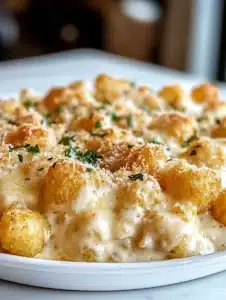 Chicken Alfredo Tater Tot Casserole topped with cheese and fresh herbs