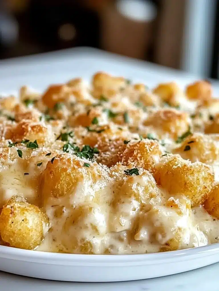 Chicken Alfredo Tater Tot Casserole topped with cheese and fresh herbs