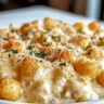 Chicken Alfredo Tater Tot Casserole topped with cheese and fresh herbs