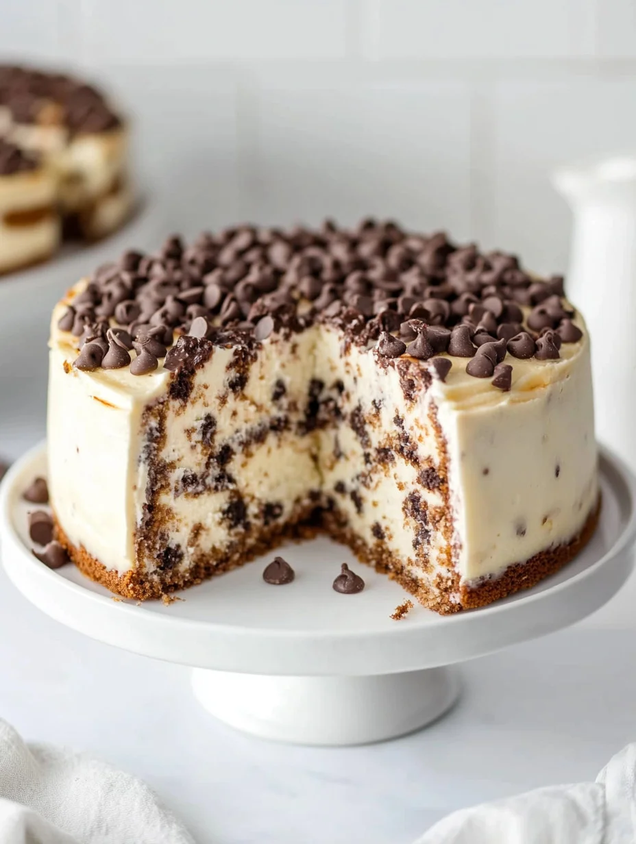 Delicious slice of Chocolate Chip Cheesecake Cake topped with chocolate chips.