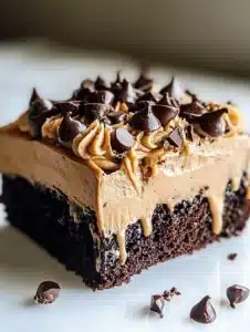 Chocolate Peanut Butter Poke Cake topped with chocolate and peanut butter sauce