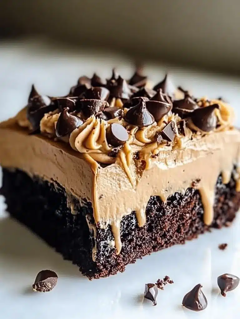Chocolate Peanut Butter Poke Cake topped with chocolate and peanut butter sauce