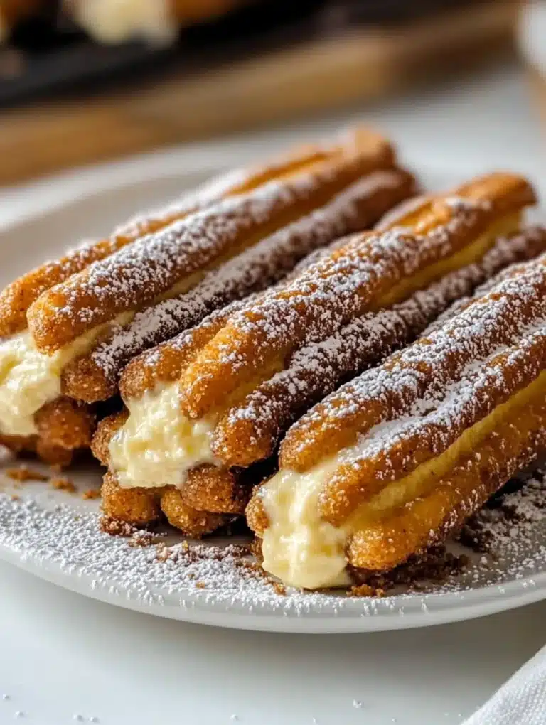 Delicious cookie dough cheesecake-stuffed churros on a plate
