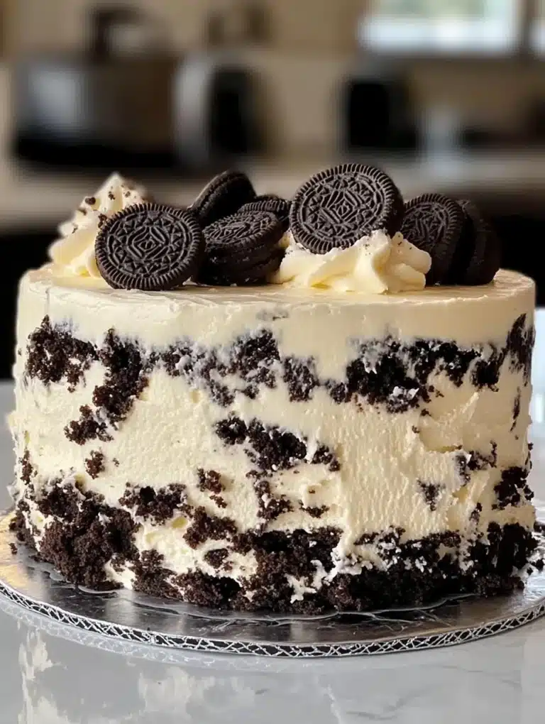 Decadent Cookies and Cream Oreo Cake topped with Oreo cookie crumbles