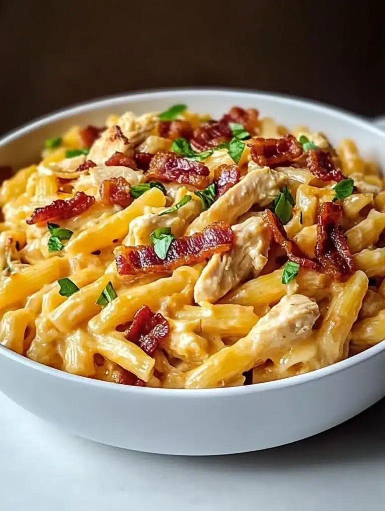 Creamy BBQ Bacon Ranch Chicken Pasta dish with bacon and ranch dressing