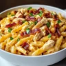 Creamy BBQ Bacon Ranch Chicken Pasta dish with bacon and ranch dressing