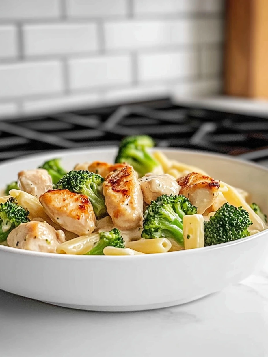Creamy chicken and broccoli pasta dish garnished with parmesan cheese.