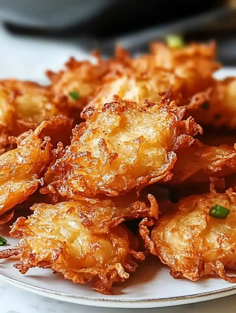 Crispy Amish Onion Fritters served on a plate, garnished with herbs