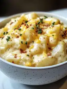 Crockpot cheesy potatoes served in a bowl with melted cheese on top