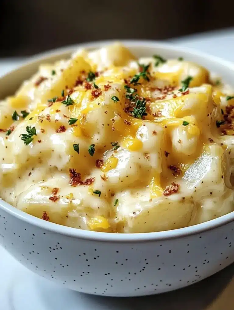 Crockpot cheesy potatoes served in a bowl with melted cheese on top